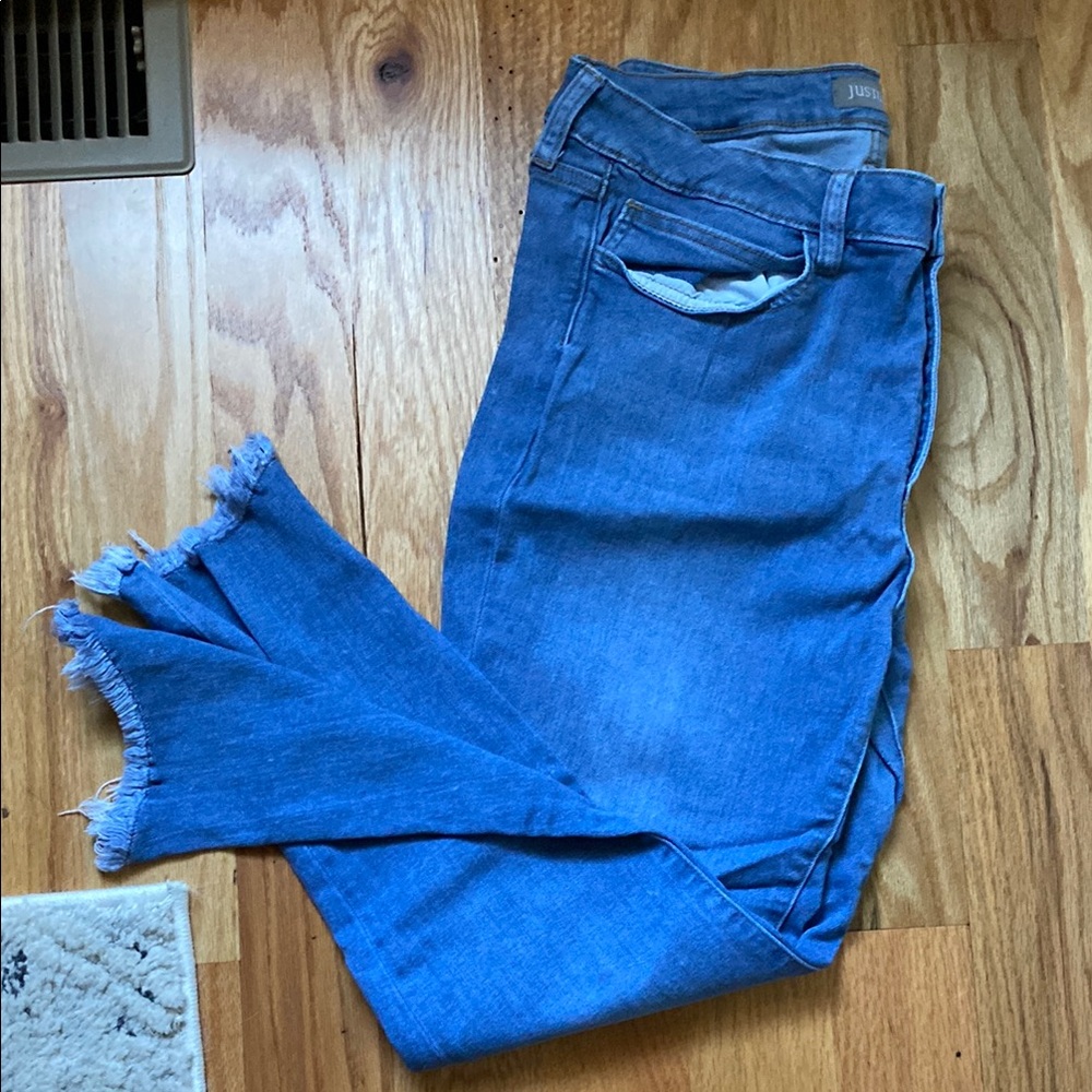 Just USA light wash denim with frayed bottom- great stretch-high rise